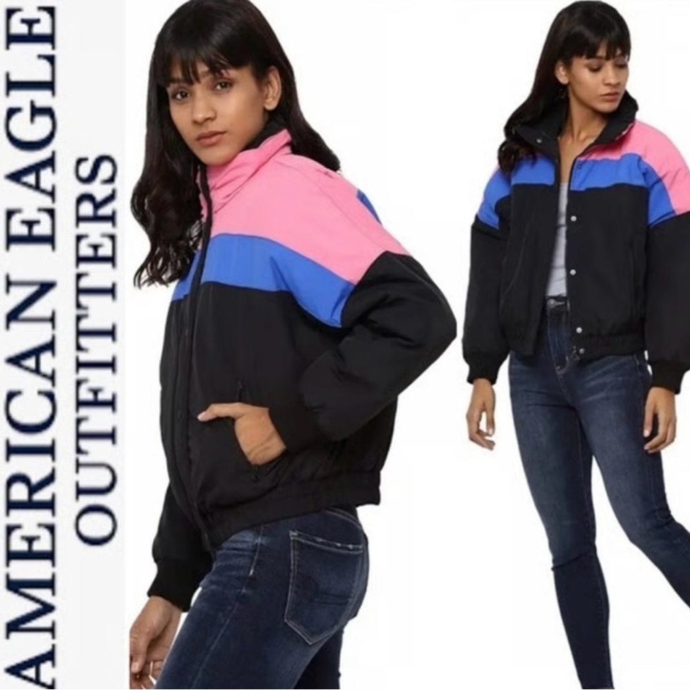 American Eagle Retro 80’s Style Colorblock Zip Up Puffer Ski Coat Jacket S